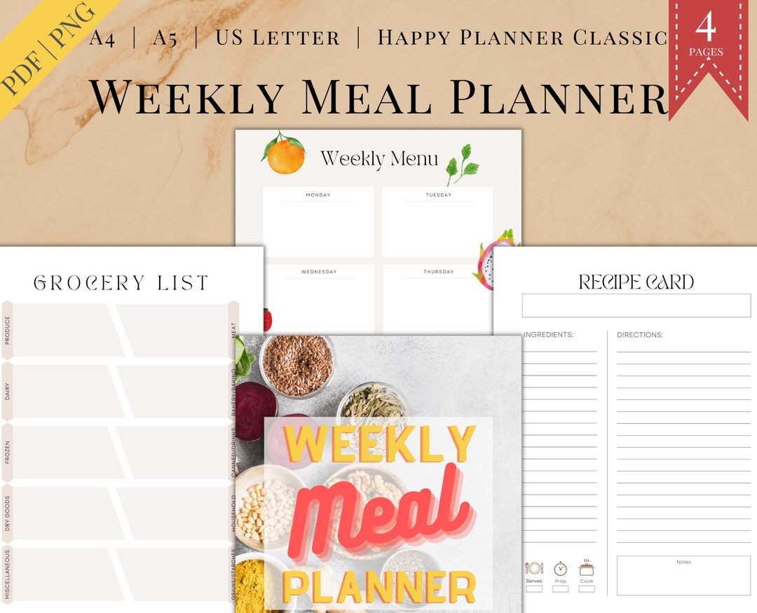 Printable Weekly Meal Planner, Grocery List, Recipe Card (digital ...