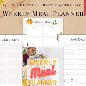 Druckbarer Wochenplaner, Menüseite, Einkaufsliste, Rezeptkarte, Food Shopping, A4, A5, Letter, Happy Planner Classic