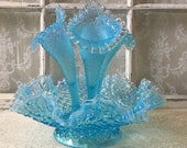 Fenton Large Epergne Blue Opalescent Silver Crest Diamond Lace Hobnail Ruffle Edge Vase 1940s Art Glass Collectable Chic Shabby Cottage