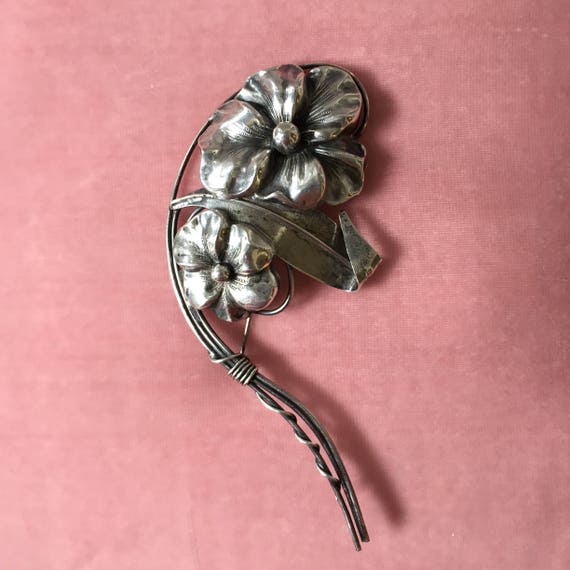 Very Large Sterling Silver Brooch Pansies 24.5 Gra