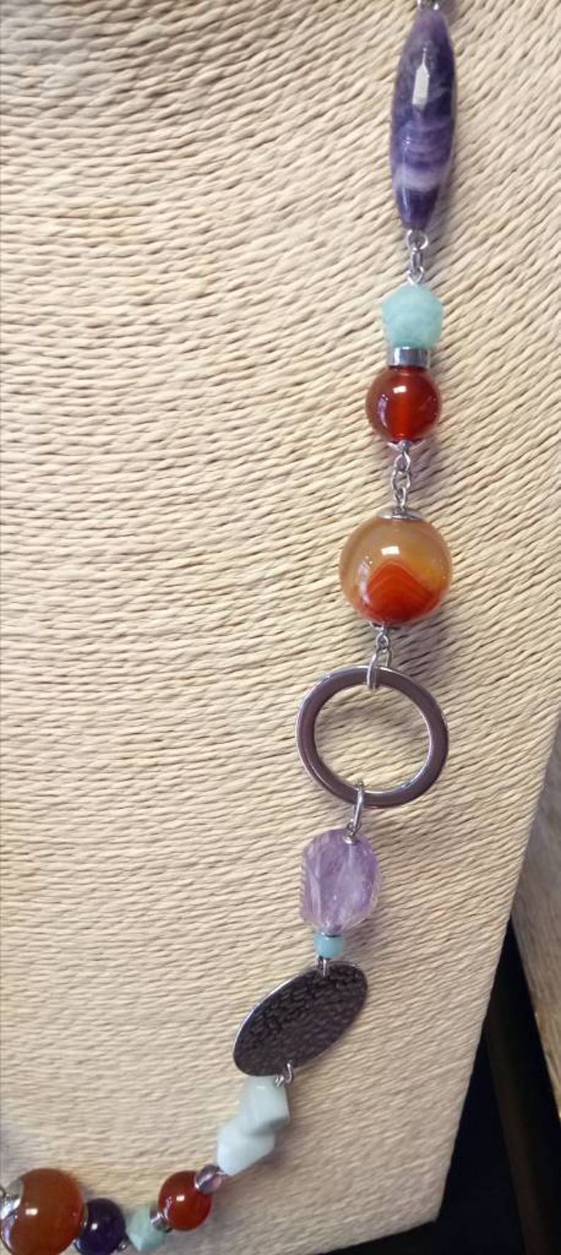 Natural Stone necklace and steel components carnelian, amethyst and Amazonian