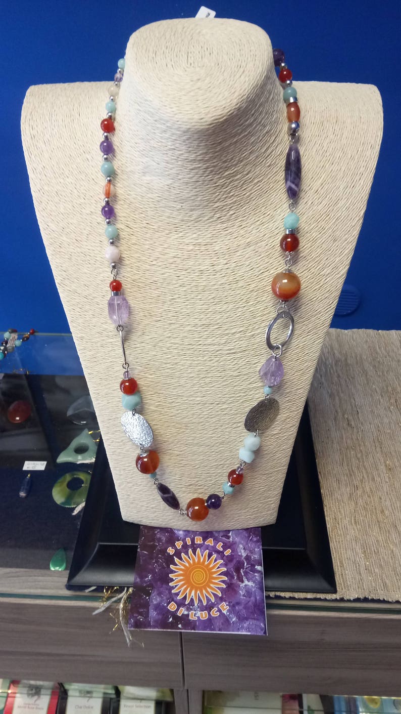 Natural Stone necklace and steel components carnelian, amethyst and Amazonian
