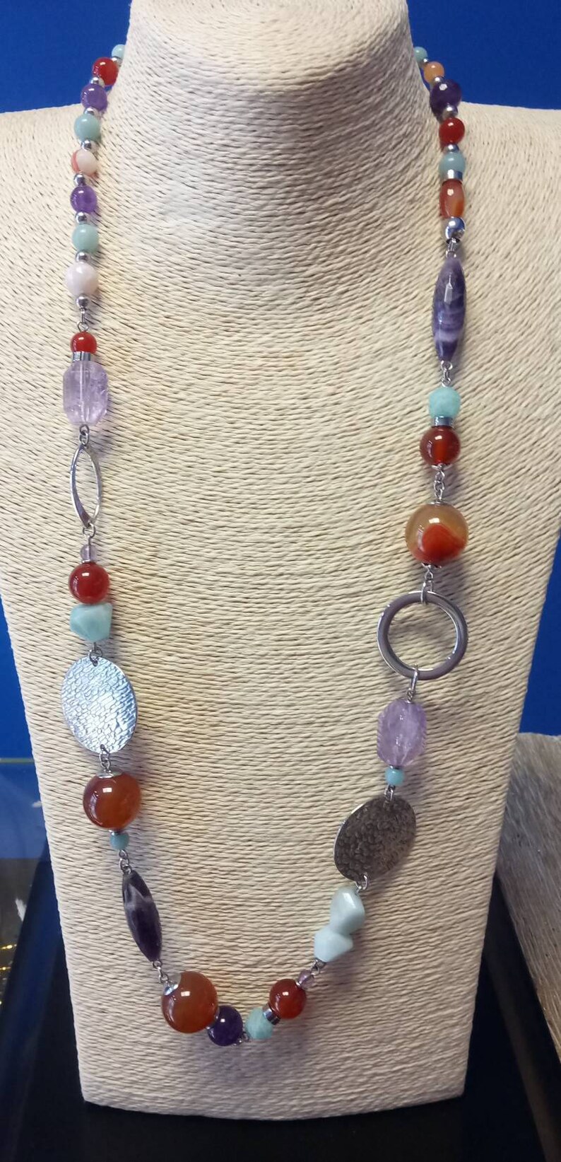 Natural Stone necklace and steel components carnelian, amethyst and Amazonian