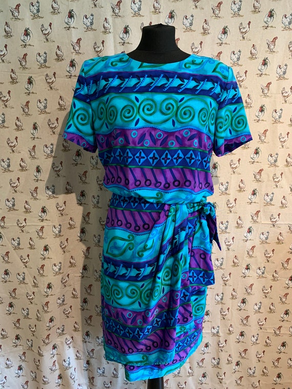 Vintage 80s Turquoise Blue Purple Swirl Fun Print