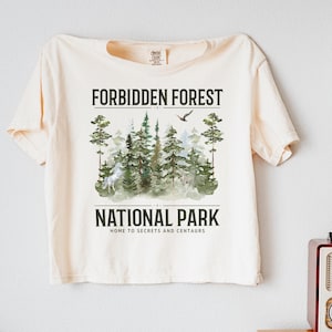 May include: Ivory-colored t-shirt with the words "Forbidden Forest National Park" and a forest graphic. The shirt is hanging on a white wall. A disco ball and a vintage radio are also visible.