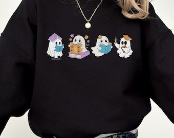 Spooky Bookish Pullover | Ghost Reader Crewneck | Cozy Halloween Sweater | Unisex Fall Aesthetic Top | Cute Gothic Apparel