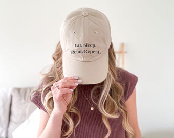 Book Lover Baseball Cap | Eat Sleep Read Repeat Hat | Reader Dad Hat | Bookworm Gift | Bookish Embroidered Cap | Reading Accessories