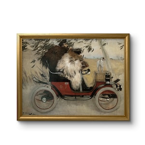 Vintage autoschilderij | Vrienden rijden met hond | Digitale download | Afdrukbare muurkunst