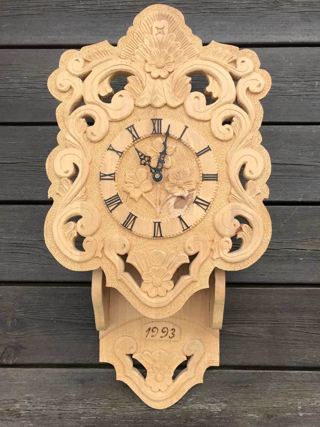 Vintage Norwegian Handmade Deep Wood Carving Clock, Wood Carving, 1993