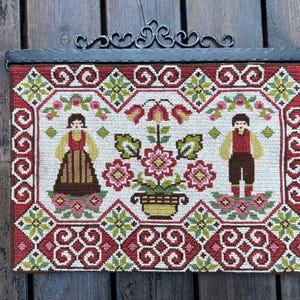 Vintage Norwegian Homemade Tapestry Wall Hanging or Table Runner, Wool Embroidery with Handmade Metal Hanger