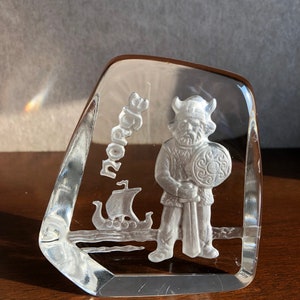 Vintage Handmade Hadeland Crystal Art glass, Paper Weight, Viking Ship, Viking History,  Norway