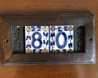 Vintage Norwegian Handmade Homemade Outdoor Wall Hanging House Number Plaque, Hand Painted Tile, Wood Carving