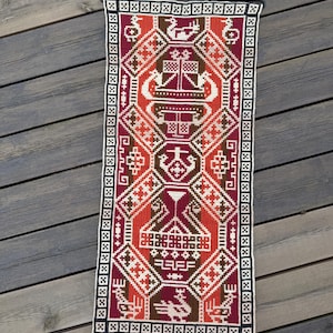 Vintage Norwegian Homemade Tapestry Wall Hanging or Table Runner, Wool Embroidery with Handmade Metal Hanger