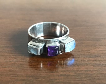 ART Ring with Amethyst  and Two Opals,  Cabochon, Sterling Silver, 925 , Scandinavian Jewelry
