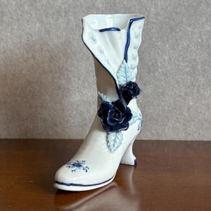 Decorative Flower Vase,  Hand Painted, Porcelain, Victorian Shoe Shaped Vase, Mid Century