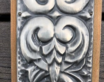 Vintage Handmade Hagness Norwegian Viking Style Wall Hanging Candle Holder, Wood with Handmade Hammering Pewter Decoration,  1970s