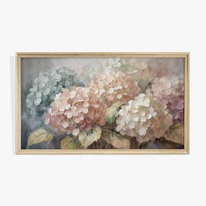 May include: A painting depicting a bouquet of pink, white, and blue hydrangeas. The flowers are arranged in a loose, natural style, and the background is a soft, muted grey.