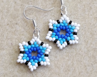 May include: A pair of blue and white star-shaped beaded earrings with silver hooks.