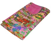 Angel Print Handmade Kantha Quilt Reversible Plain Kantha Blanket Queen Size Kantha Bedspread Hand Stithced Indian Cotton Kantha Throw