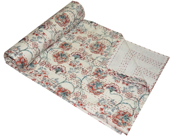Indian Handmade Cotton Kantha Quilt Queen Blanket Throw Bohemian Bedspread Gudri
