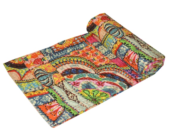 Vintage Kantha Handmade Bedspread Indian Quilt Cotton Blanket Gudari Ralli Throw