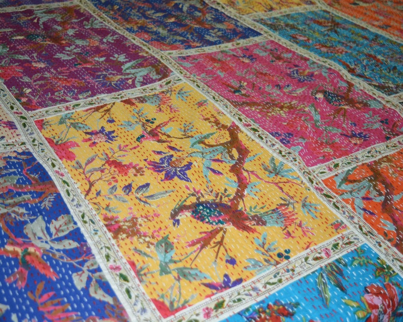 Edredón Kantha Indio Hecho A Mano – Manta Ralli Gudari De Algodón – Colcha Artesanal Multicolor – Tamaño Individual (52x82 Pulgadas)