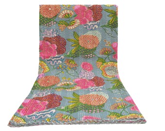 Indian handmade Kantha quilt bedspread bedsheet bedcover quilt Kantha quilt coverlet vintage handmade Queen size Floral Print quilt