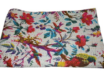 Indian handmade Kantha quilt bedspread bedsheet bedcover quilt Kantha quilt coverlet vintage handmade Queen size Bird Print quilt