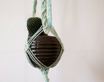 Mint Green Plant Holder, Rustic Macrame Decor for your Boho Home or garden, Cotton cord hanging planter by Reef Knot Home