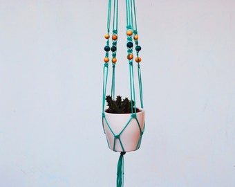 Small macrame vase holder in turquoise or a color of your choice, Modern Home Decor, beaded Macramé hanging Planter by Reef Knot Home
