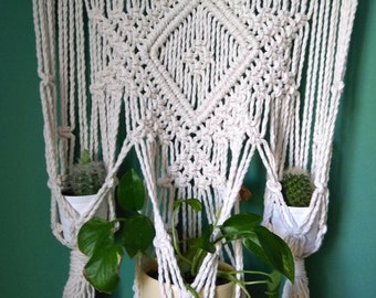 Aztec - Bohemian wall decor with three macrame hanging planters, boho home decoration in white cotton cord, vase holder by Reef Knot Home