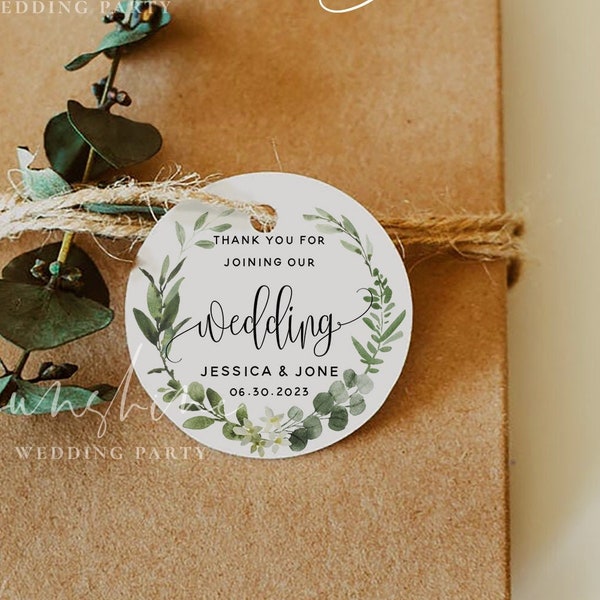 Eucalyptus Greenery Round Favor Tag Template, Printable Round Wedding Label Sticker, Rustic, Fully Editable, Templett, Instant Download, G3