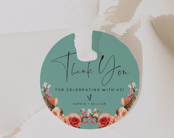 Coral and Green Wedding Thank You Favors Tag Template, Round Thank You Favors Tag, Printable Thank You Tag, Wedding Round Favors Labels, F22