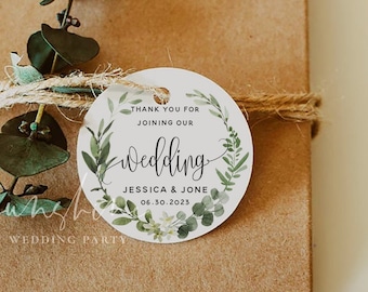 Eucalyptus Greenery Round Favor Tag Template, Printable Round Wedding Label Sticker, Rustic, Fully Editable, Templett, Instant Download, G3