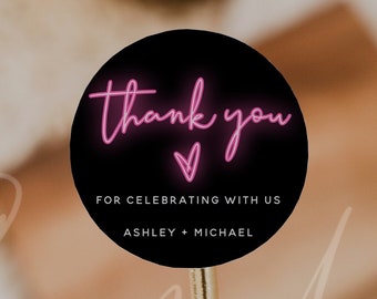 Neon Thank You Favor Round Tag Template, Neon Party Sticker Template, DIY Editable Thank You Tag, Birthday Party, Baby Shower, Bridal Shower