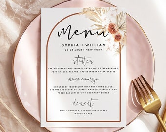 Pampas Terracotta Wedding Menu Template, Modern Menu, Boho Menu, Terracotta Menu, Minimal Menu, Wedding Template, Instant Download, T4