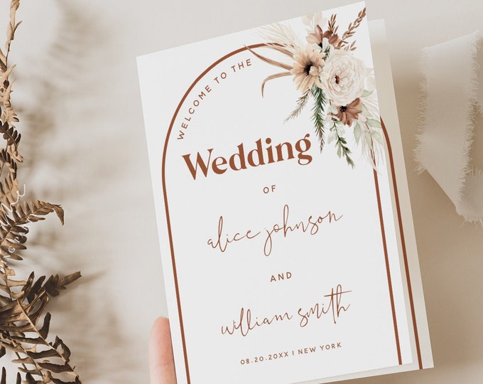 Terracotta Wedding Folded Program Card Template, Boho Floral Program Template, Pampas Grass, Wedding Printable, DIY Editable Template, F21