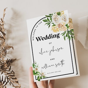 White Rose Floral Wedding Folded Program Card Template, Bohemian Wedding, Program Template, Wedding Printable, DIY Editable Template, F27