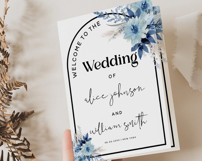 Dusty Blue Floral Wedding Folded Program Card Template, Bohemian Wedding, Program Template, Wedding Printable, DIY Editable Template, F20