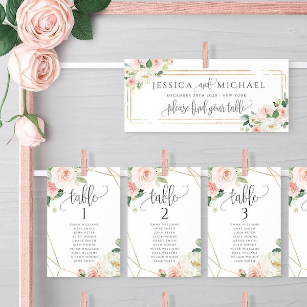 Blush & White Wedding Seating Chart Template Floral Printable Table Seating Plan Editable Hanging Seating Plan Instant Download Templett F5