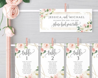 Blush & White Wedding Seating Chart Template Floral Printable Table Seating Plan Editable Hanging Seating Plan Instant Download Templett F5
