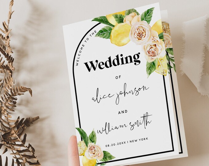 Lemon White Floral Wedding Folded Program Card Template, Bohemian Wedding, Program Template, Wedding Printable, DIY Editable Template, L1