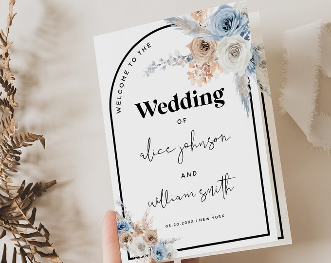 Folded Program Card Template, Dusty Blue Champagne Floral Wedding, Boho Wedding, Program Template, Wedding Printable, Editable Template, F23