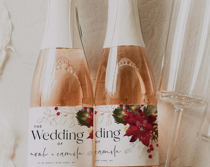 Editable Mini Champagne Bottle Label Template | Christmas Wedding | Holiday Party 3x2 Label | Red Poinsettia | Printable Label Sticker | F25