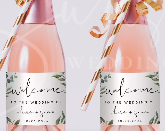 Mini Champagne Bottle Label Template, Greenery Wedding Labels, Greenery Mini Bottle Label, Editable Template, Instant Download, Templett, G5