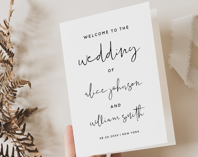 Minimalist Wedding Folded Program Card Template, Modern Wedding Program Template, Printable Program, Editable Template, Instant Download, M8