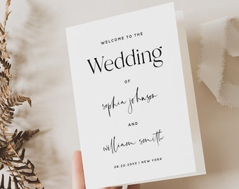 Modern Wedding Folded Program Card Template, Elegant Wedding Program Template, Wedding Printable, Editable Template, Instant Download, M15