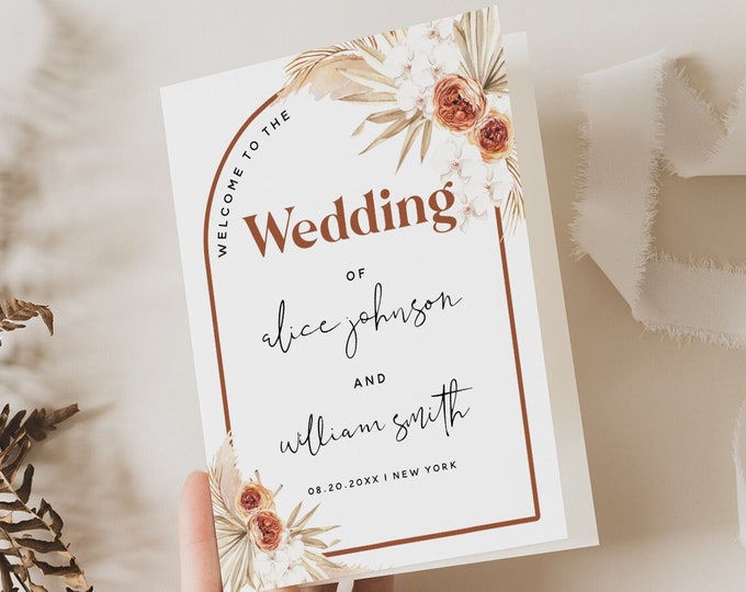Terracotta Wedding Folded Program Card Template, Boho Wedding Program Template, Wedding Printable, Editable Template, Instant Download, T4
