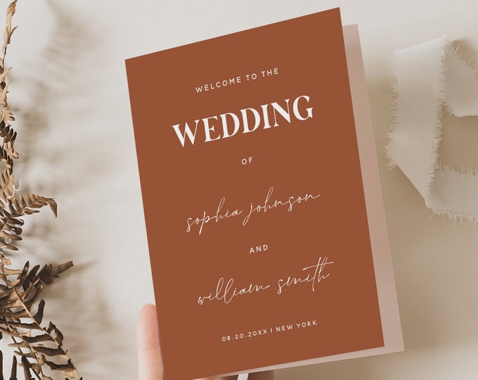 Terracotta Wedding Folded Program Card Template, Modern Wedding Program Template, Wedding Printable, Editable Template, Instant Download, T1