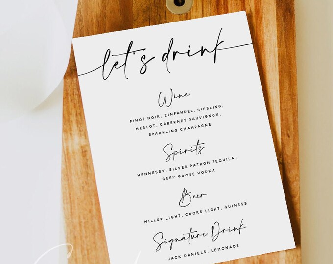 Modern Drink Menu Template, Minimalist Wedding Dinner Drink Menu, Printable, Digital Download, Reception Dinner Menu, 100% Editable, DIY, M3